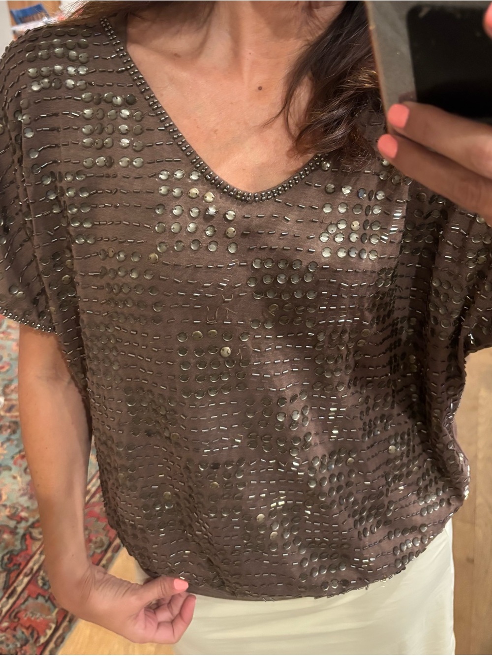 Brown Sequin V-Neck Women's Top